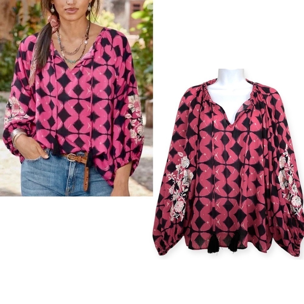 Sundance Hyacinth Cotton Oversized Top Sz Small Batik Boho Peasant Tassel Tie